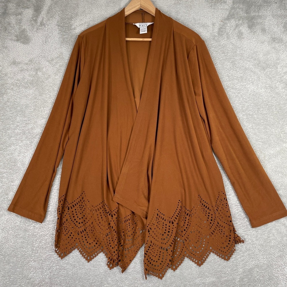 Keren Hart Cardigan Womens Medium Brown Laser Cut Scallop Hem Open Front Boho